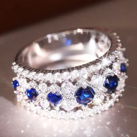 NEW 18k White Gold Blue Sapphire Diamond Ring Band - Picture 4 of 6